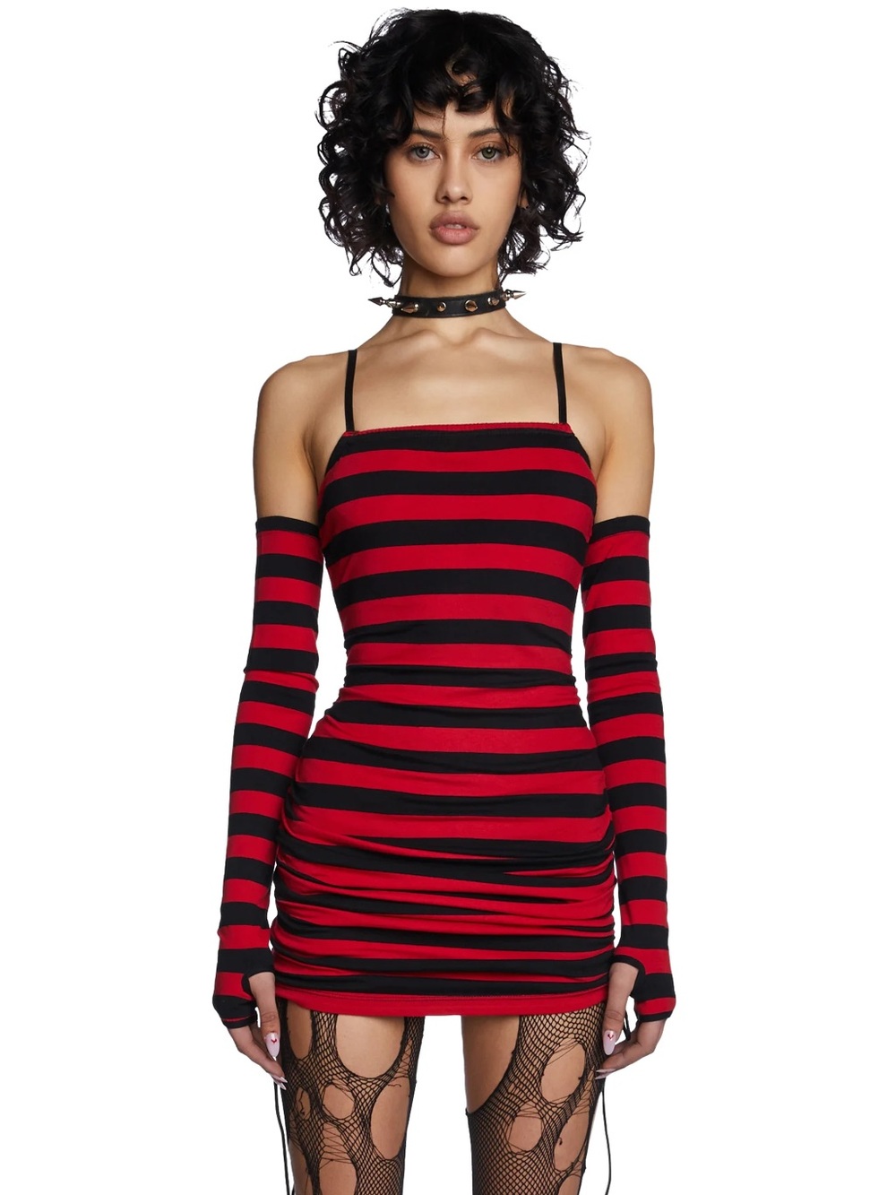 Current Mood Striped Mini Dress and Gloves Set in Red and Black